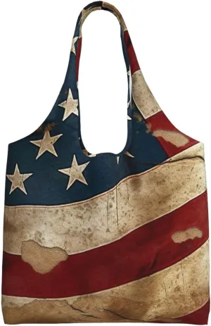 Vintage American Flag Canvas Tote Bag Aesthetic Large Shoulder Bags Reusable Shopping Bags for Women Grocery Bag Purse