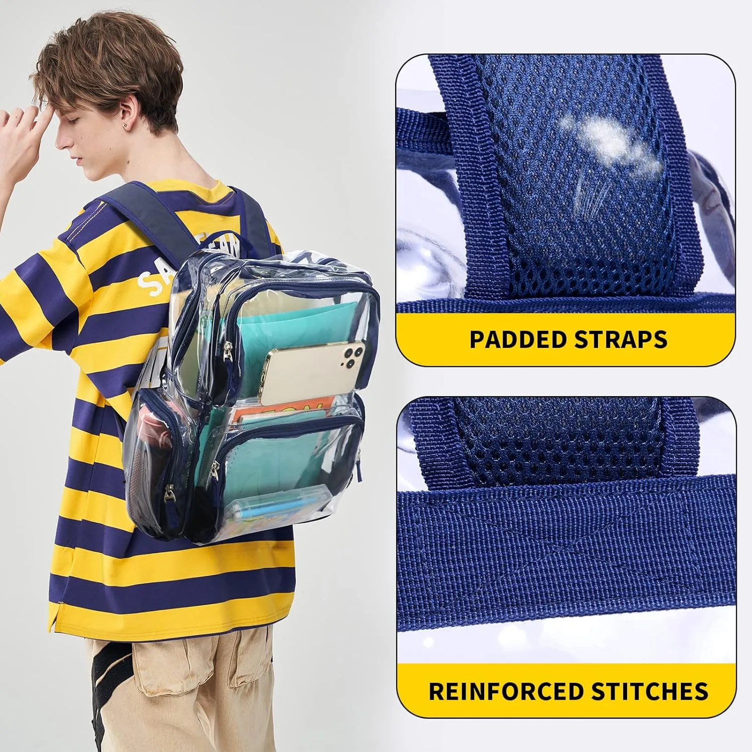 Vorspack Clear Backpack - Transparent Backpack with Reinforced Bottom & Multi-pockets for College Workplace Security - Navy