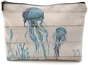 Watercolor Beach Ocean Jellyfish Makeup Bag Travel Cosmetic Bags,Rustic Marine Life Sea Animal Cosmetic Bags with Zipper Pouch Travel Toiletry Case,Gifts for Jellyfish Lovers