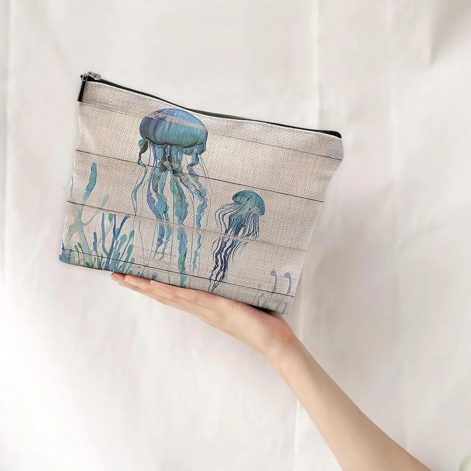 Watercolor Beach Ocean Jellyfish Makeup Bag Travel Cosmetic Bags,Rustic Marine Life Sea Animal Cosmetic Bags with Zipper Pouch Travel Toiletry Case,Gifts for Jellyfish Lovers