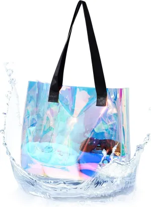 Woeoe Holographic Clear Tote Bag Large Iridescent Shoulder Handbags for Waterproof Sandproof Beach Party Favor Bags