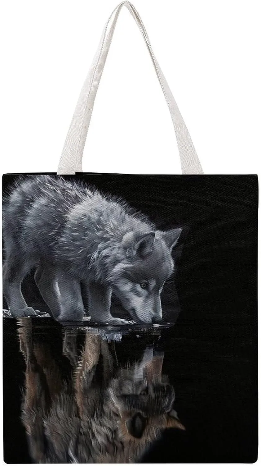Wolf Pattern Printed Canvas Tote Bag Casual Handbags Grocery Shopping Purses Work Bag for Women