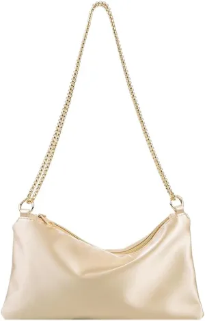 Women Satin Handbag with Chain Shoulder Bag Zipper Hobo Bag Solid Color Satchel Purse for Wedding Prom Cocktail Part