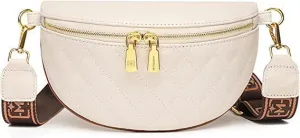 Women's Belt Bag, Diamond Quilted Embroidery, Leather, Casual Women's Crossbody Bag, Travel Sports Chest Bag Offwhite