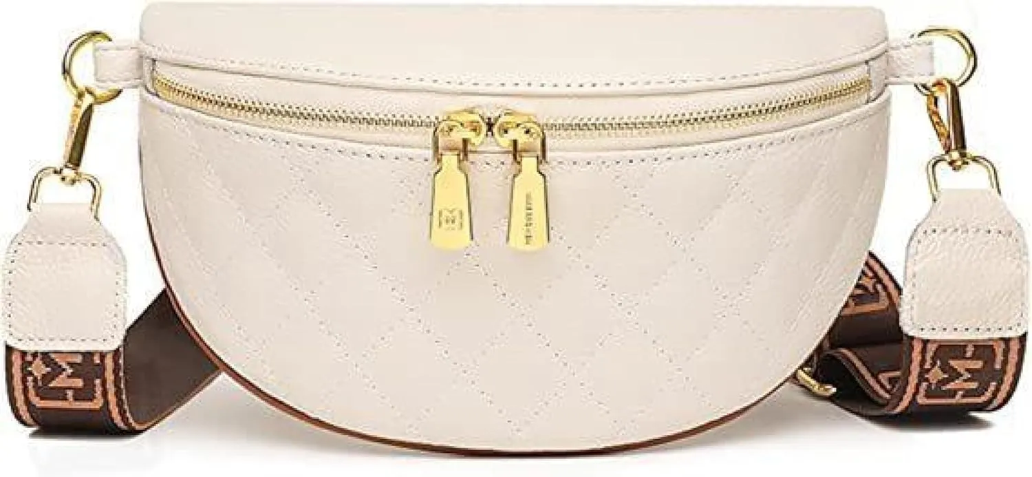 Women's Belt Bag, Diamond Quilted Embroidery, Leather, Casual Women's Crossbody Bag, Travel Sports Chest Bag Offwhite