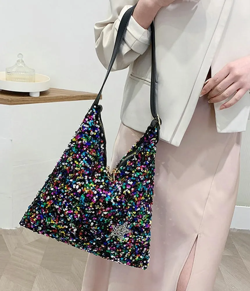 Womens Fashion Bucket Shoulder Bag Y2k Sparkly Glitter Sequin Purse Large Totes Top Handle Satchel Party