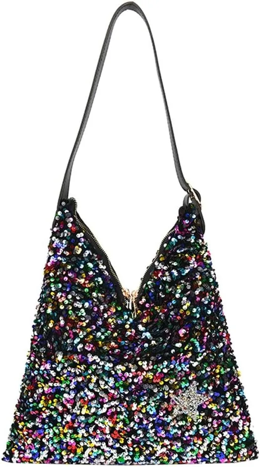 Womens Fashion Bucket Shoulder Bag Y2k Sparkly Glitter Sequin Purse Large Totes Top Handle Satchel Party