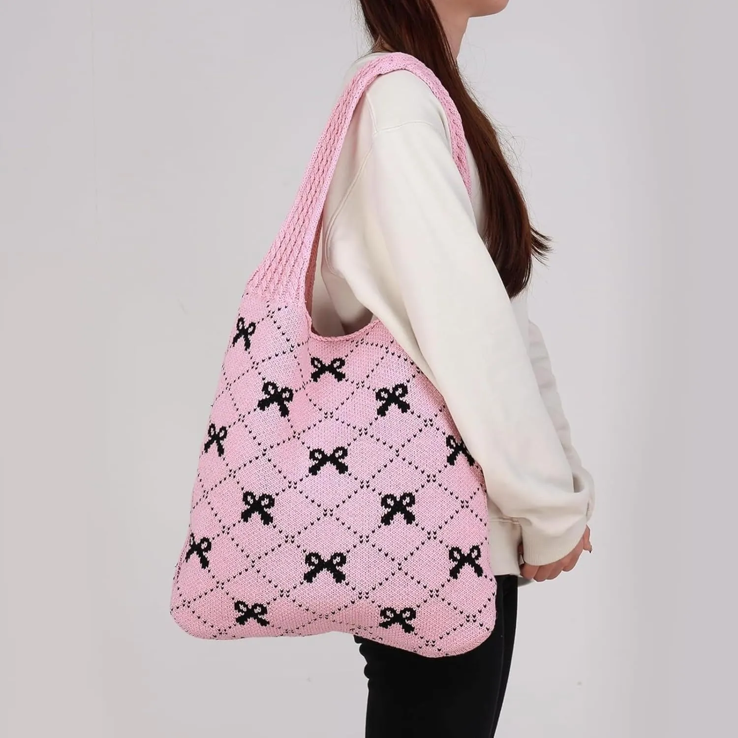 Women's Large Crochet Tote Bag Bow Printed Handbag for Women Hobo Bag Cute Shoulder Bags Knitted Totes Wallets