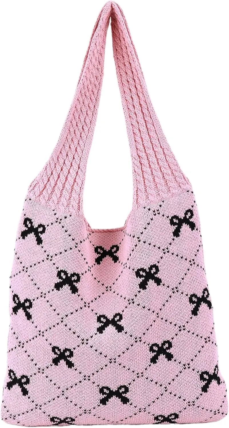 Women's Large Crochet Tote Bag Bow Printed Handbag for Women Hobo Bag Cute Shoulder Bags Knitted Totes Wallets