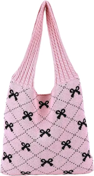 Women's Large Crochet Tote Bag Bow Printed Handbag for Women Hobo Bag Cute Shoulder Bags Knitted Totes Wallets
