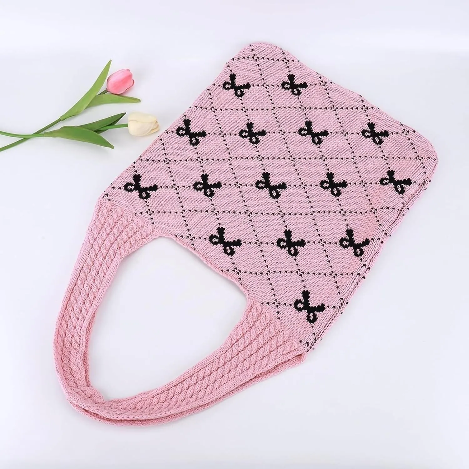 Women's Large Crochet Tote Bag Bow Printed Handbag for Women Hobo Bag Cute Shoulder Bags Knitted Totes Wallets