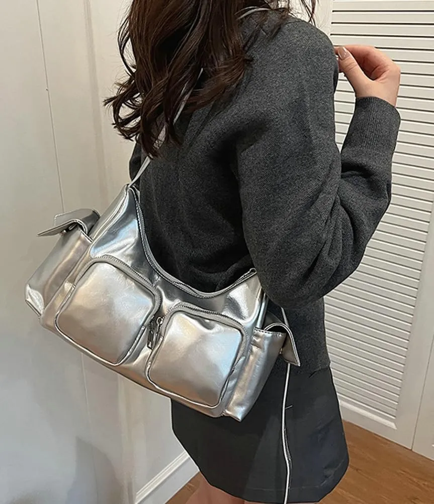 Women's Multi Pocket Shoulder Bag Y2k Vegan Leather Handbags Trendy Crossbody Purse Small Tote Satchels