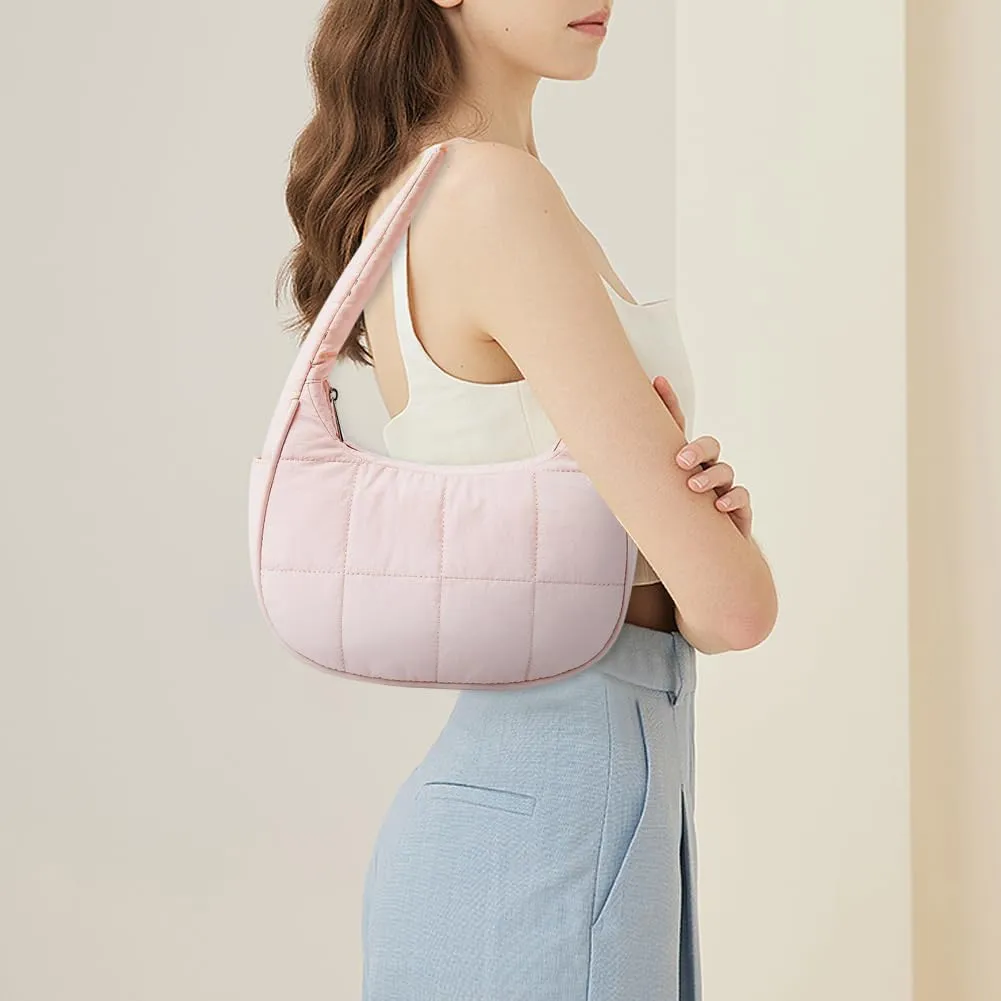 Women's Puffer Crescent Bag Nylon Shoulder Purse Adjustable Strap Hobo Handbag for Work Travel