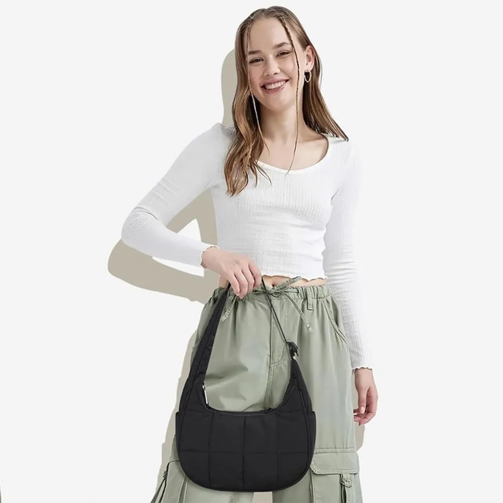 Women's Puffer Crescent Bag Nylon Shoulder Purse Adjustable Strap Hobo Handbag for Work Travel