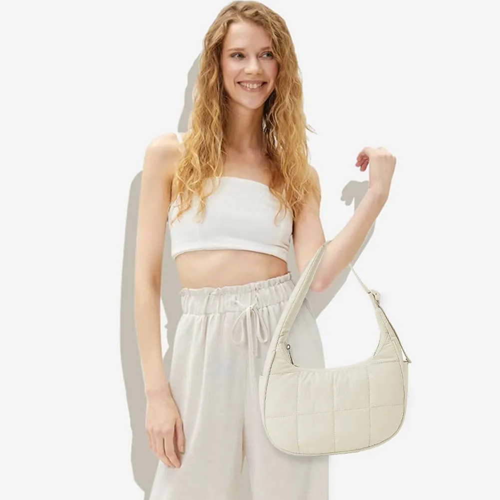 Women's Puffer Crescent Bag Nylon Shoulder Purse Adjustable Strap Hobo Handbag for Work Travel