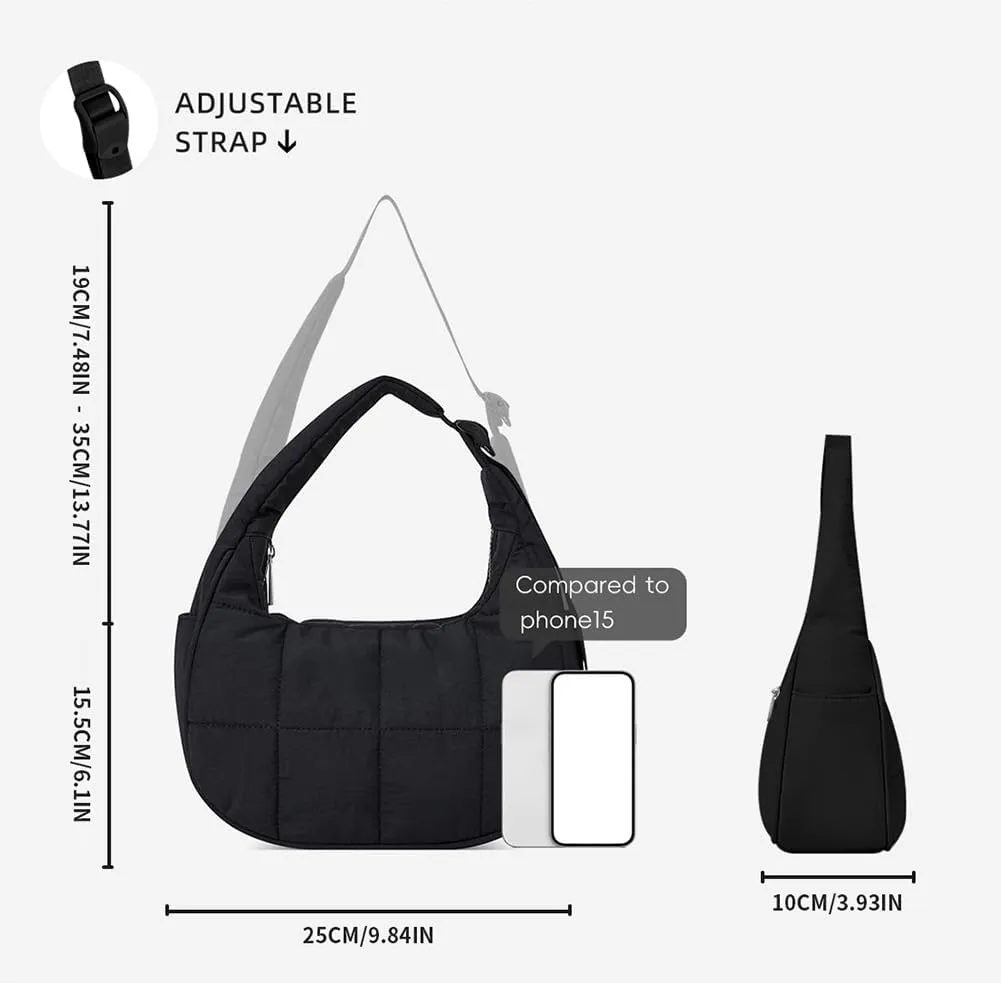 Women's Puffer Crescent Bag Nylon Shoulder Purse Adjustable Strap Hobo Handbag for Work Travel