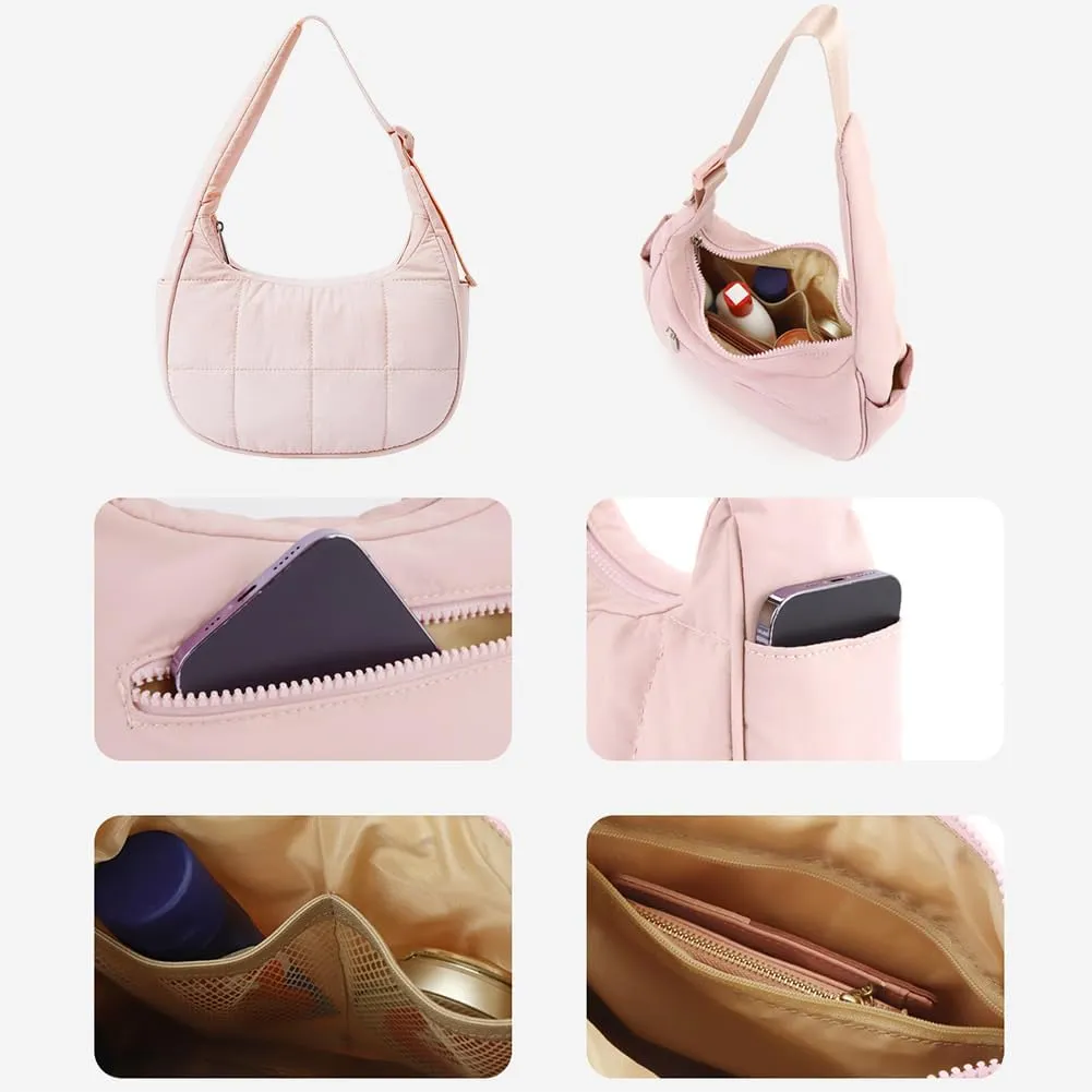 Women's Puffer Crescent Bag Nylon Shoulder Purse Adjustable Strap Hobo Handbag for Work Travel