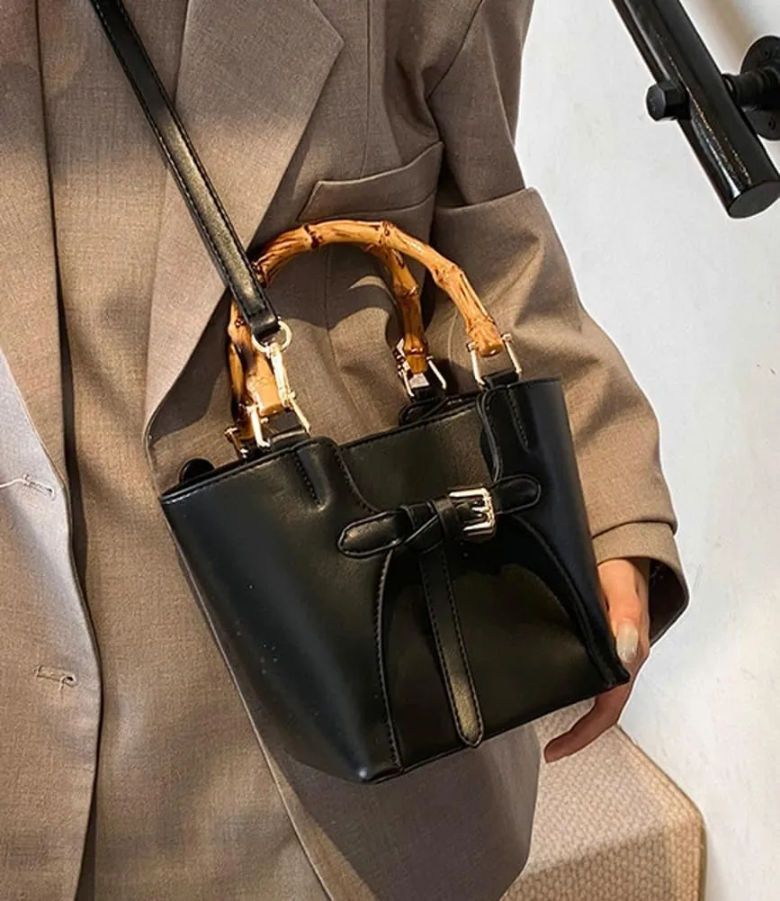 Womens Trendy Vegan Leather Bucket Crossbody Bag Small Tote Handbag with Bamboo Handle Satchels Shoulder Purse 2025