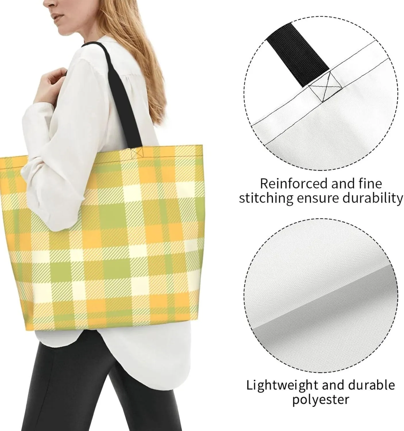 Yellow and Black Tartan Pattern Women's Tote Bag Large Capacity Single Shoulder Bags Handbag for Shopping Work