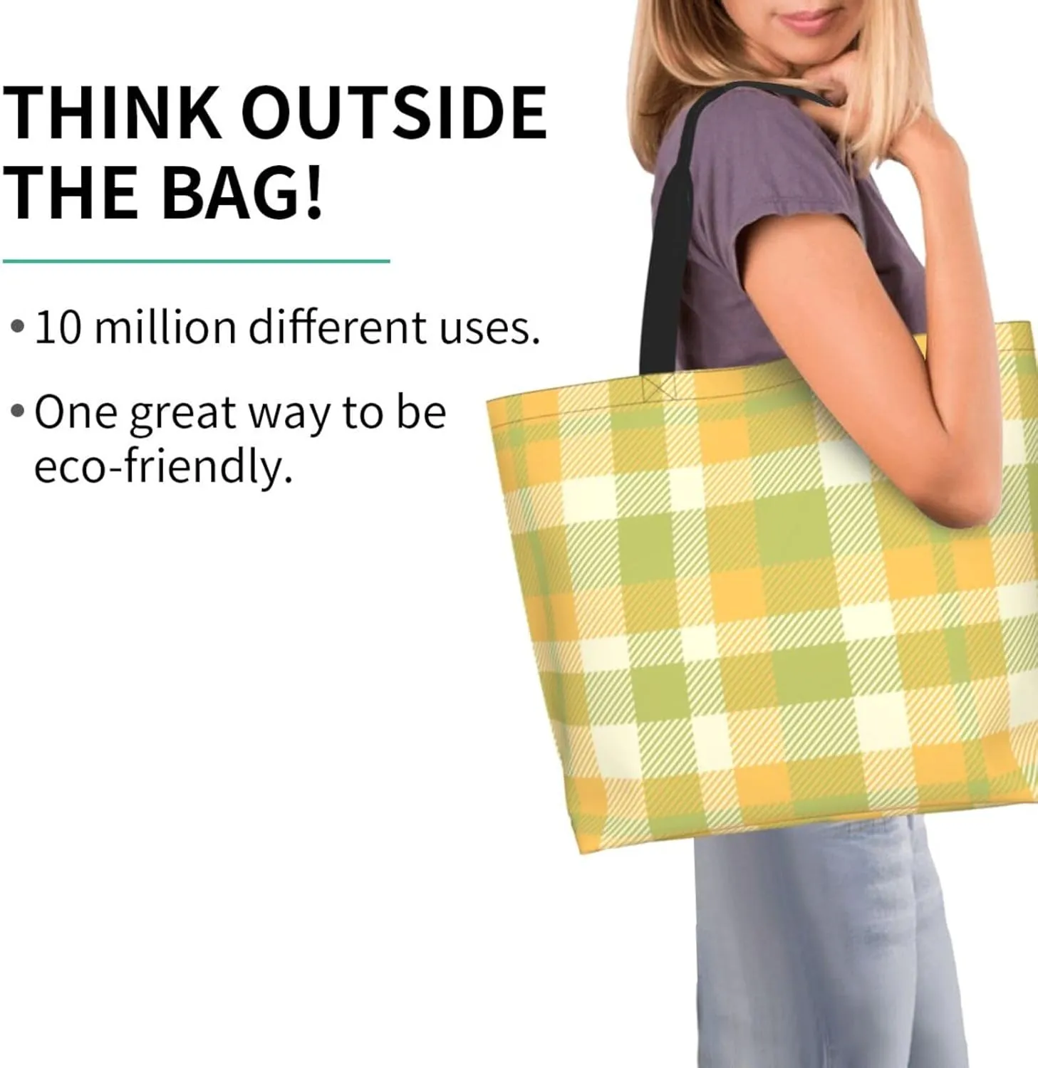 Yellow and Black Tartan Pattern Women's Tote Bag Large Capacity Single Shoulder Bags Handbag for Shopping Work