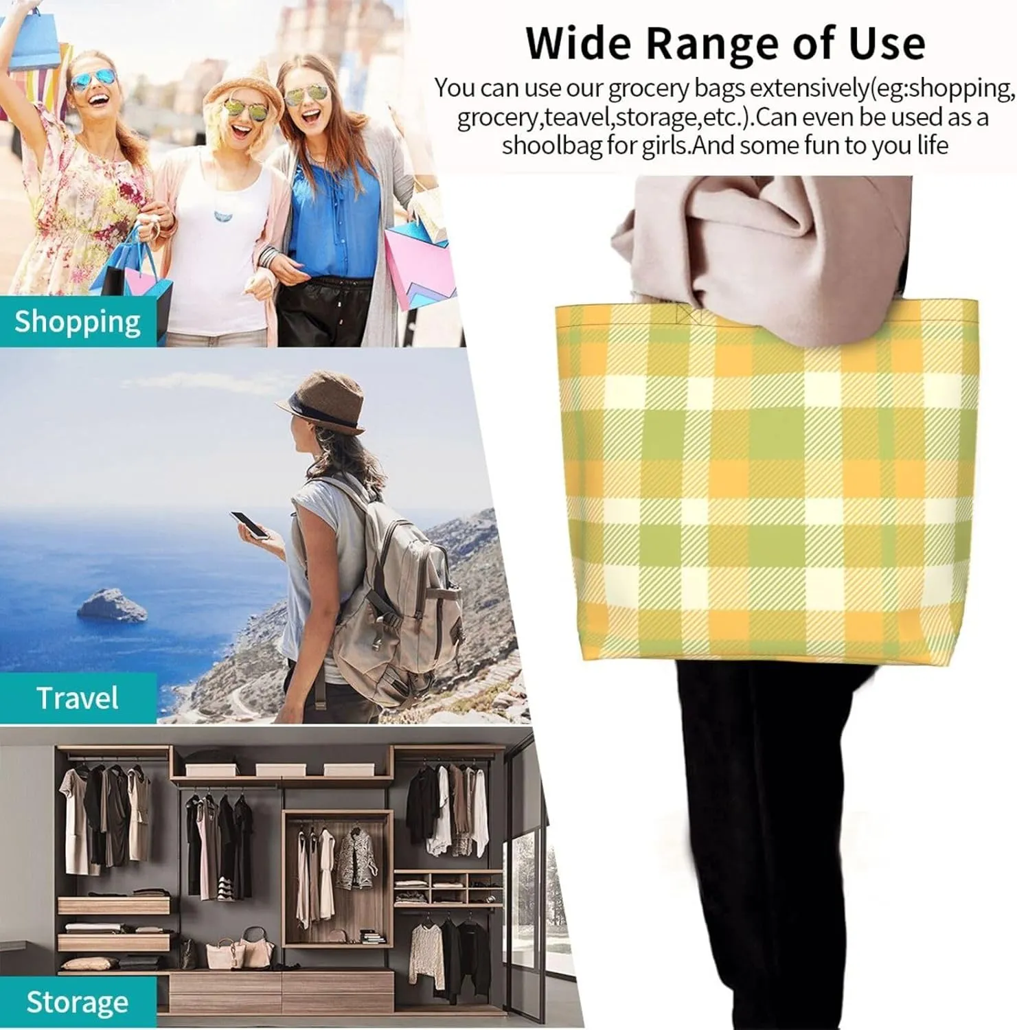 Yellow and Black Tartan Pattern Women's Tote Bag Large Capacity Single Shoulder Bags Handbag for Shopping Work