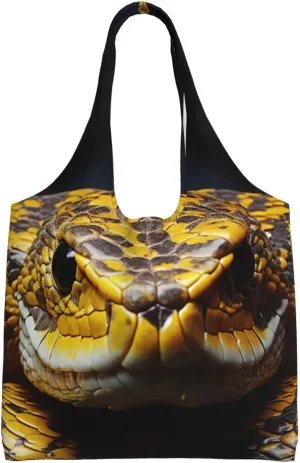 Yellow Snake Print Canvas Tote Bag For Women Large Reusable Grocery Bag Multipurpose Shoulder Bag Handbag For Travel Beach Shopping Work