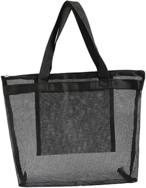 Zerodeko Fashion Mesh Shoulder Bag Organizer Reusable Net Tote for Beach Grocery Daily Use Lightweight Dry Wet Separation Bag Black