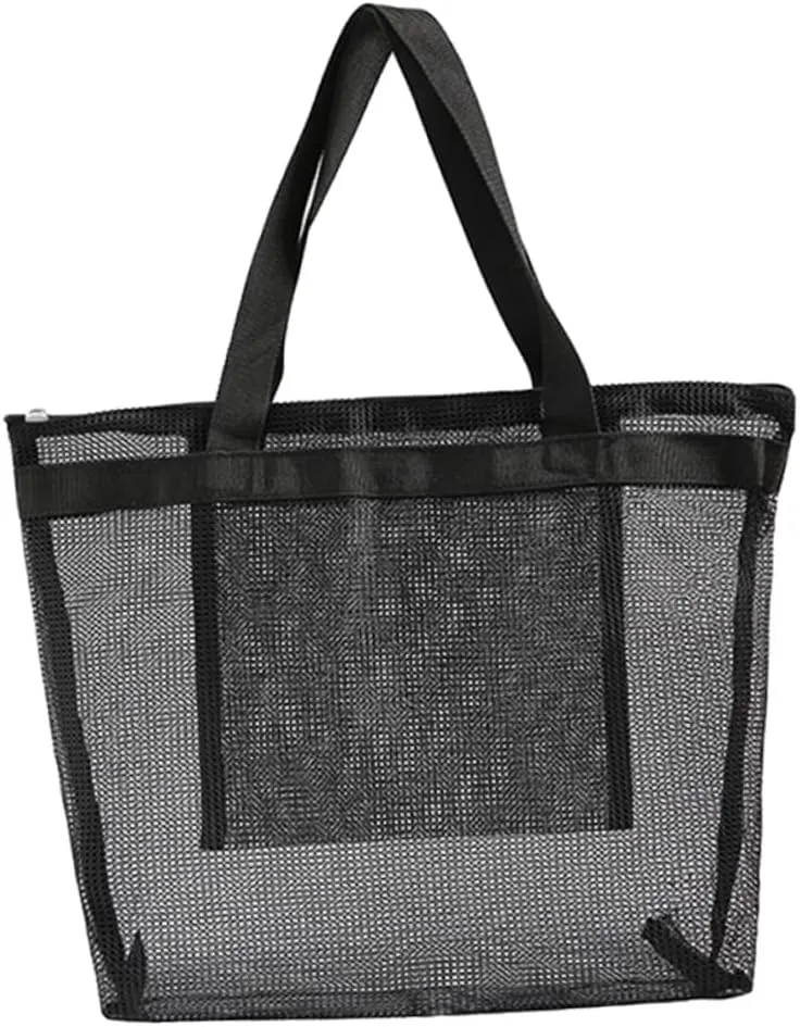 Zerodeko Fashion Mesh Shoulder Bag Organizer Reusable Net Tote for Beach Grocery Daily Use Lightweight Dry Wet Separation Bag Black