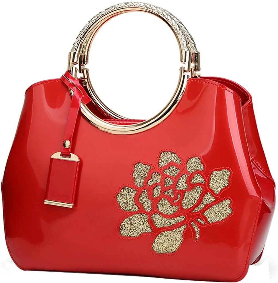 ZiMing Women Patent Leather Handbags Floral Embroid Purse Top Handle Handbag Evening Bags Satchel Shoulder Bag Gorgeous Totes