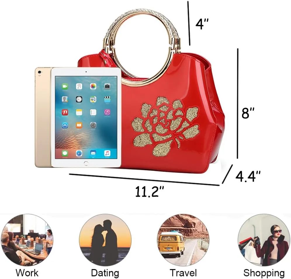 ZiMing Women Patent Leather Handbags Floral Embroid Purse Top Handle Handbag Evening Bags Satchel Shoulder Bag Gorgeous Totes