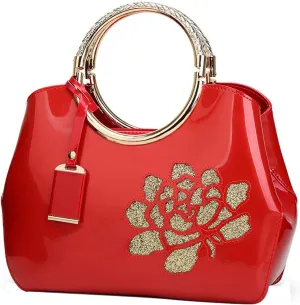 ZiMing Women Patent Leather Handbags Floral Embroid Purse Top Handle Handbag Evening Bags Satchel Shoulder Bag Gorgeous Totes