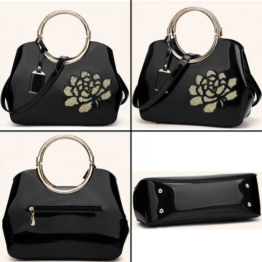 ZiMing Women Patent Leather Handbags Floral Embroid Purse Top Handle Handbag Evening Bags Satchel Shoulder Bag Gorgeous Totes