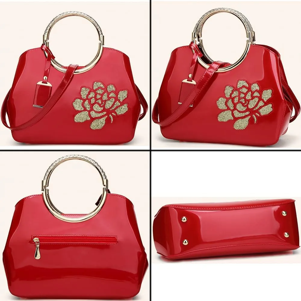 ZiMing Women Patent Leather Handbags Floral Embroid Purse Top Handle Handbag Evening Bags Satchel Shoulder Bag Gorgeous Totes