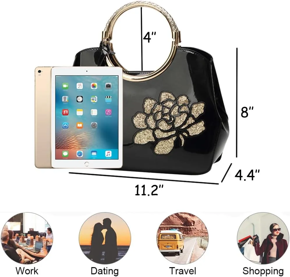 ZiMing Women Patent Leather Handbags Floral Embroid Purse Top Handle Handbag Evening Bags Satchel Shoulder Bag Gorgeous Totes