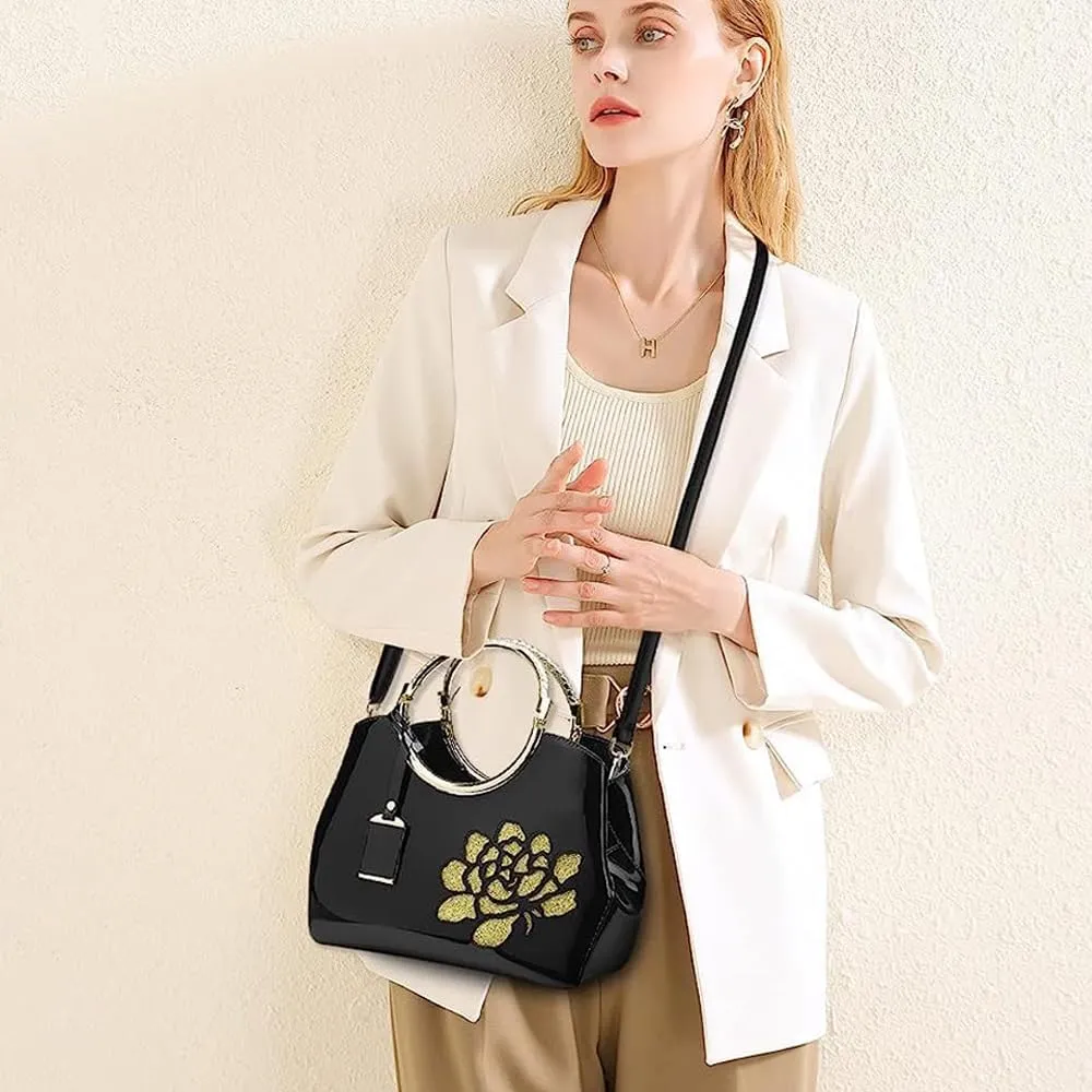 ZiMing Women Patent Leather Handbags Floral Embroid Purse Top Handle Handbag Evening Bags Satchel Shoulder Bag Gorgeous Totes